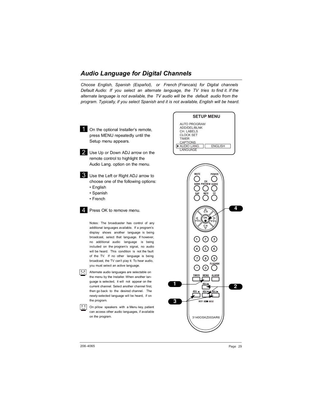 Zenith H20J55DT warranty Audio Language for Digital Channels, French Press OK to remove menu 