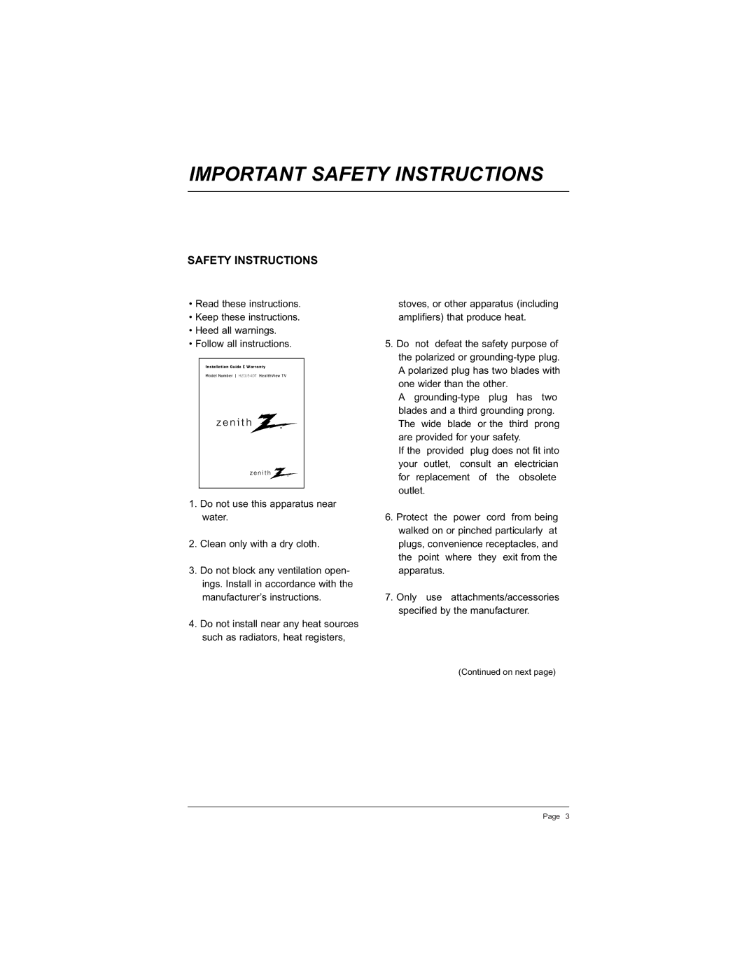 Zenith H20J55DT warranty Important Safety Instructions 