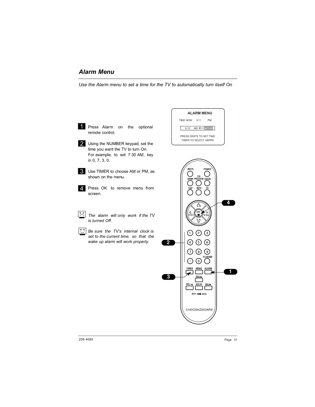 Zenith H20J55DT warranty Alarm Menu 