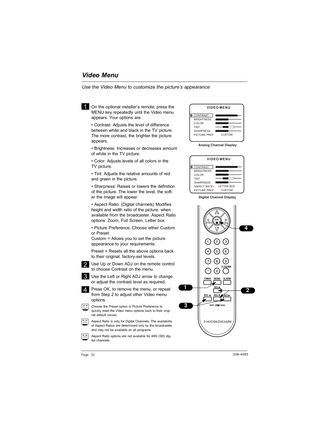 Zenith H20J55DT warranty Use the Video Menu to customize the picture’s appearance, Analog Channel Display 