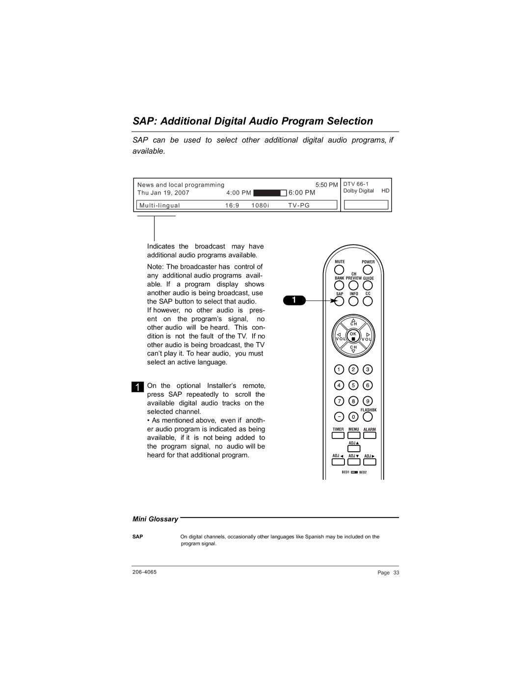 Zenith H20J55DT warranty SAP Additional Digital Audio Program Selection, Sap 