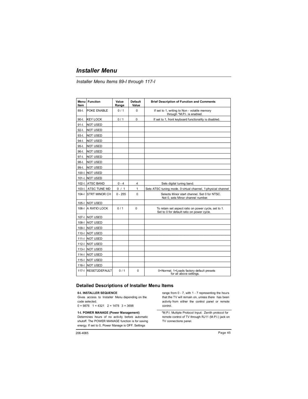 Zenith H20J55DT Installer Menu Items 89-I through, Detailed Descriptions of Installer Menu Items, Installer Sequence 