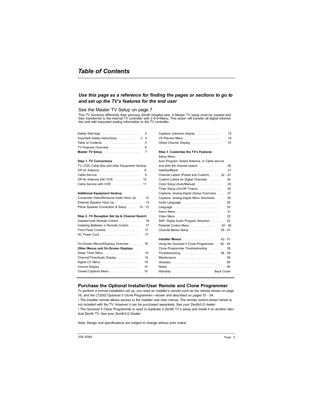 Zenith H20J55DT warranty Table of Contents 