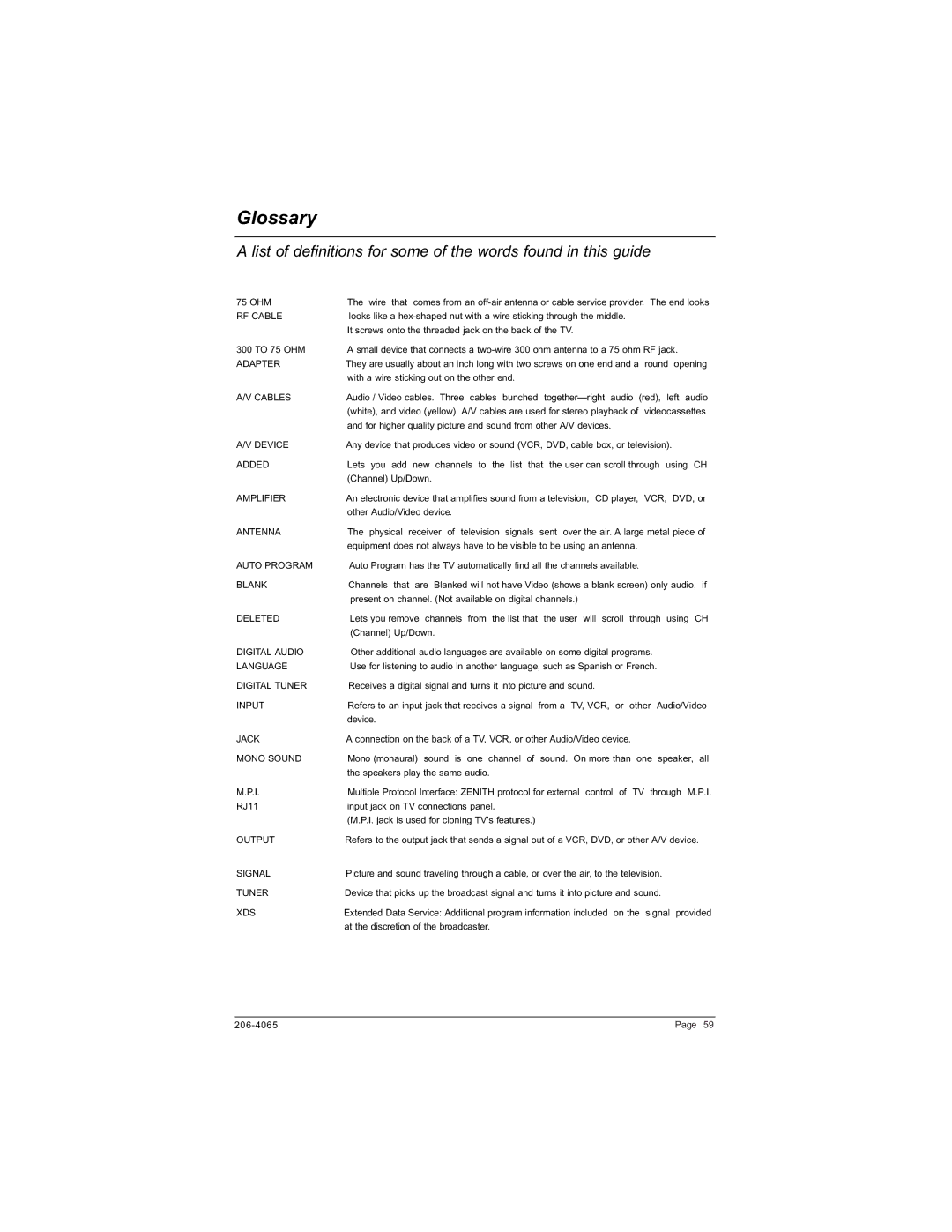 Zenith H20J55DT warranty Glossary 