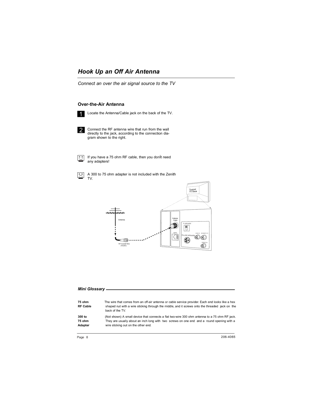 Zenith H20J55DT warranty Hook Up an Off Air Antenna, Connect an over the air signal source to the TV, Over-the-Air Antenna 