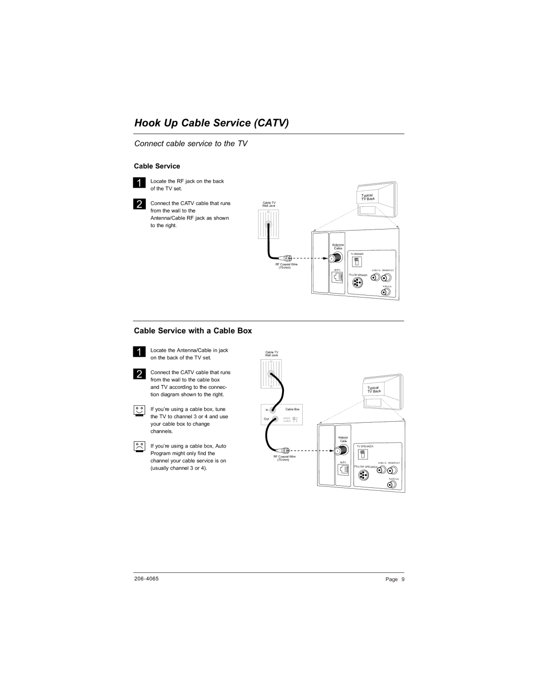 Zenith H20J55DT warranty Hook Up Cable Service Catv, Connect cable service to the TV, Cable Service with a Cable Box 