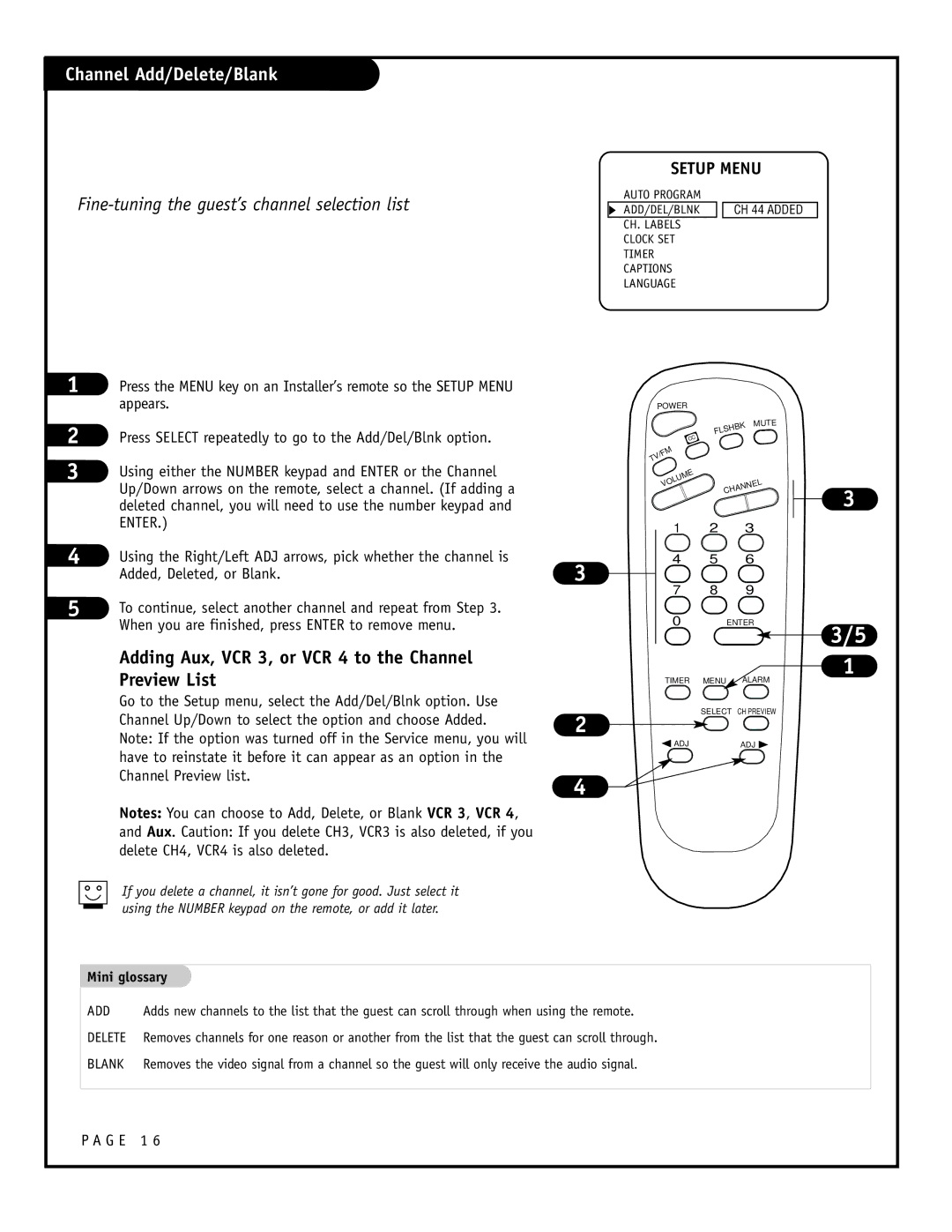 Zenith H24F39DT, H27F39DT, H25F39DT warranty Channel Add/Delete/Blank, Fine-tuning the guest’s channel selection list 