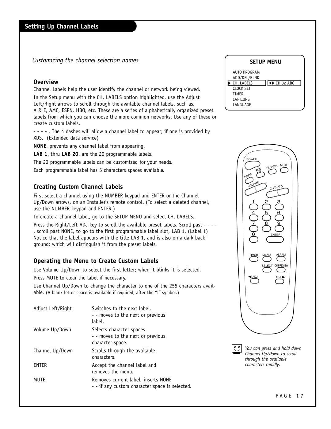 Zenith H25F39DT, H27F39DT, H24F39DT warranty Setting Up Channel Labels, Customizing the channel selection names, Overview 