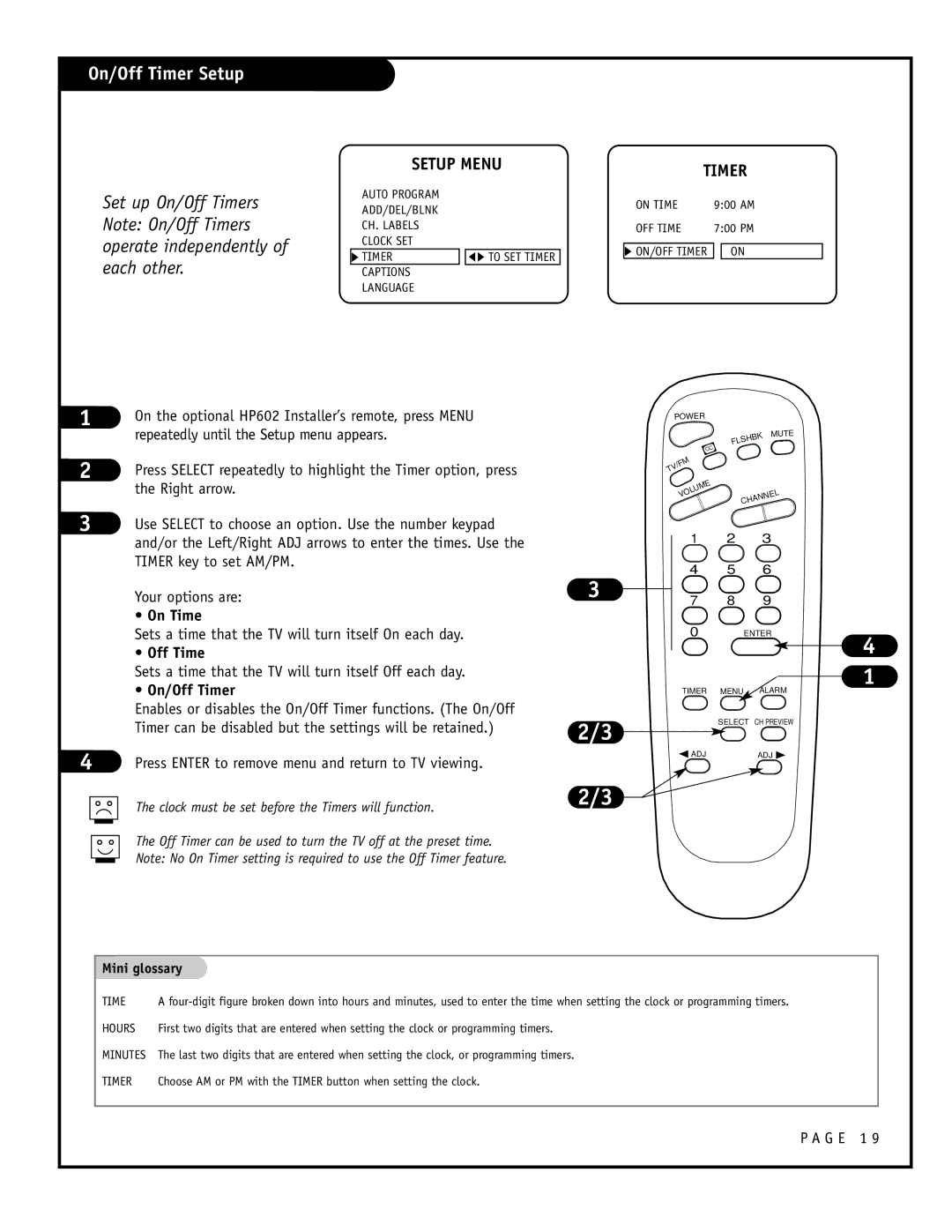 Zenith H24F39DT, H27F39DT, H25F39DT warranty On/Off Timer Setup 