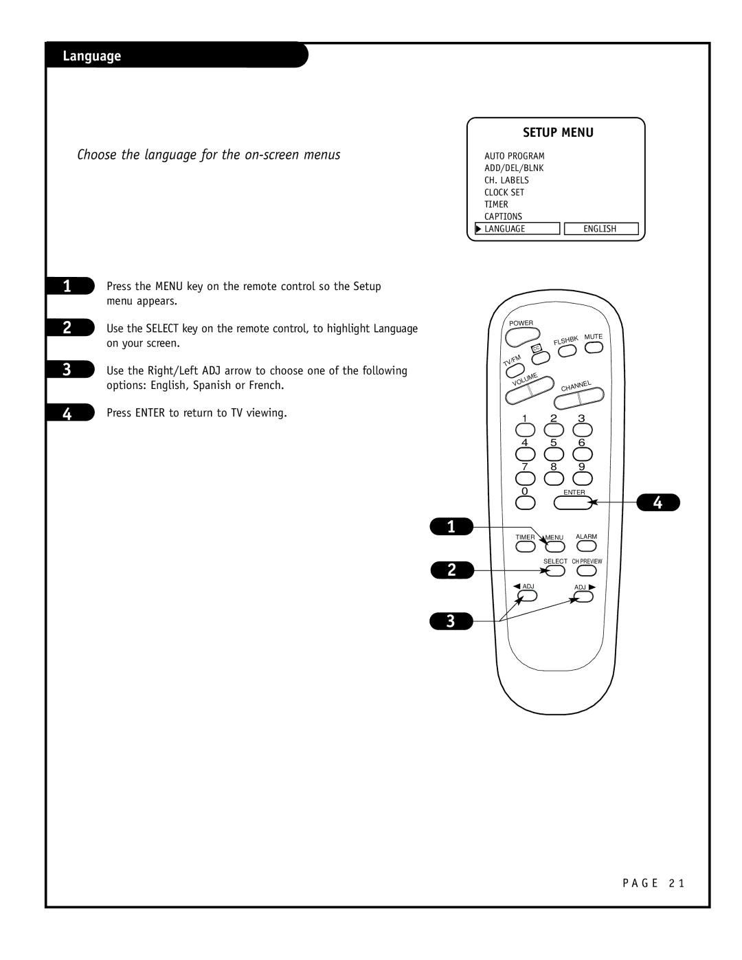 Zenith H27F39DT, H24F39DT, H25F39DT warranty Language, Choose the language for the on-screen menus 