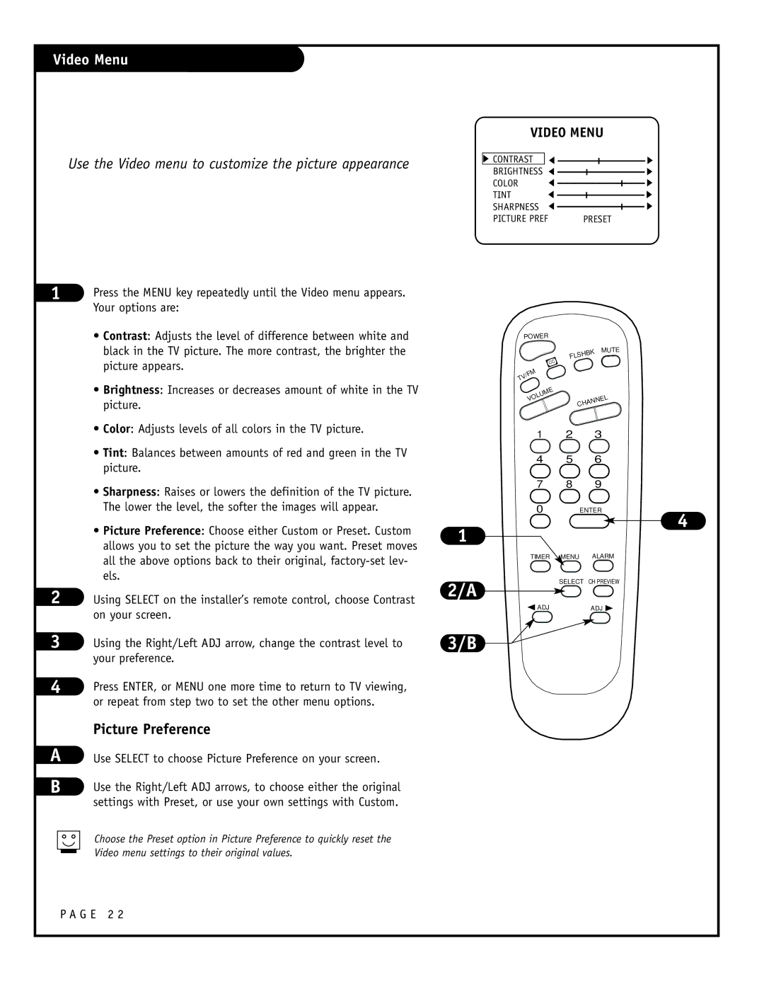 Zenith H24F39DT, H27F39DT, H25F39DT Video Menu, Use the Video menu to customize the picture appearance, Picture Preference 