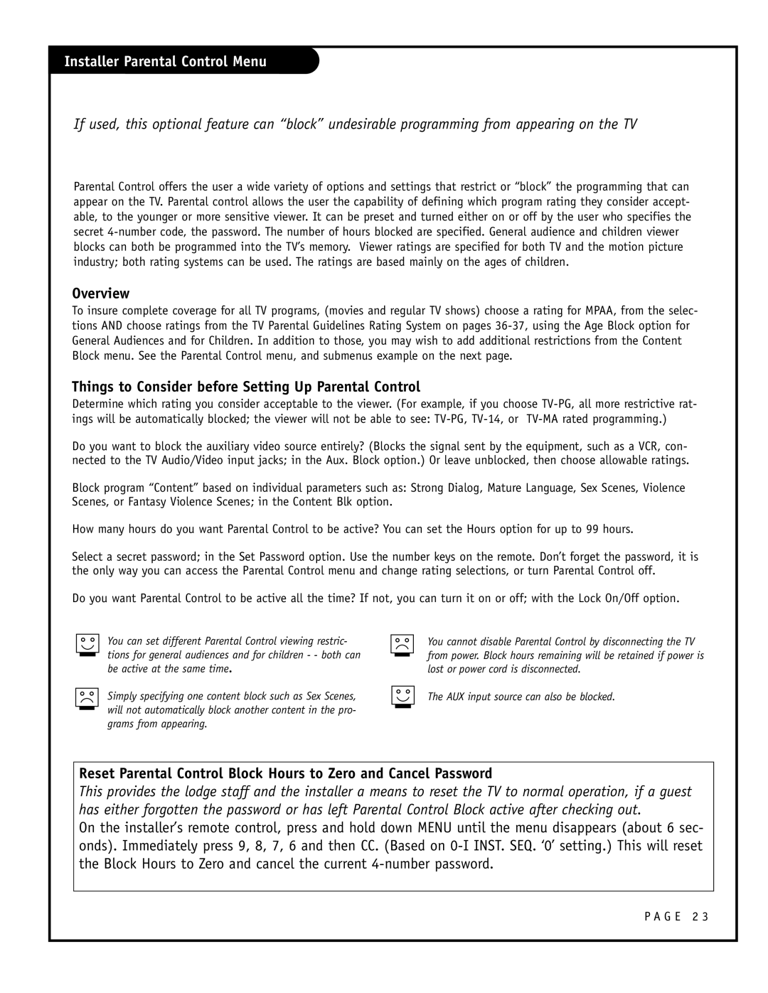 Zenith H25F39DT, H27F39DT, H24F39DT Installer Parental Control Menu, Things to Consider before Setting Up Parental Control 