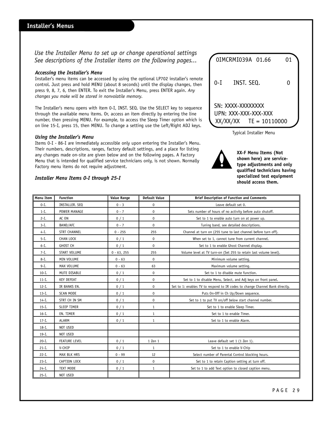 Zenith H25F39DT, H27F39DT, H24F39DT warranty Installer’s Menus, Typical Installer Menu 