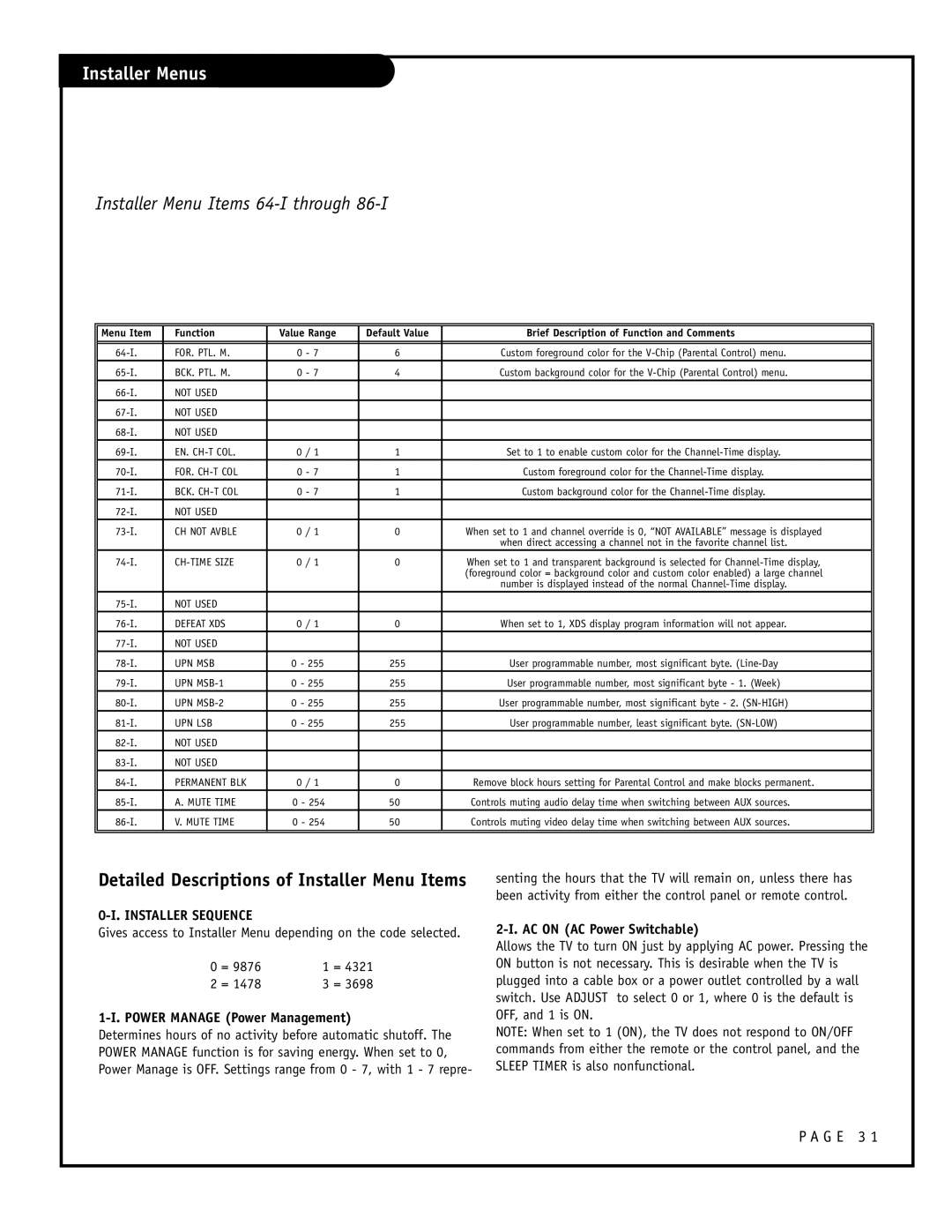 Zenith H24F39DT Installer Menu Items 64-I through, Detailed Descriptions of Installer Menu Items, Installer Sequence 