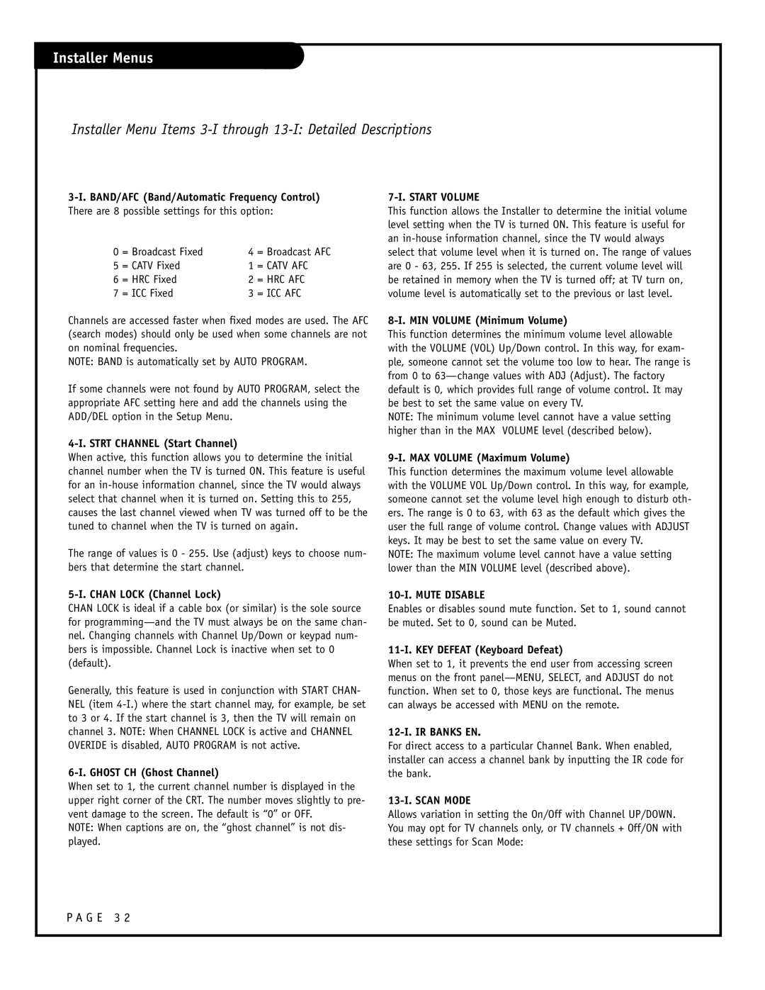 Zenith H25F39DT, H27F39DT Installer Menu Items 3-I through 13-I Detailed Descriptions, Start Volume, 10-I. Mute Disable 