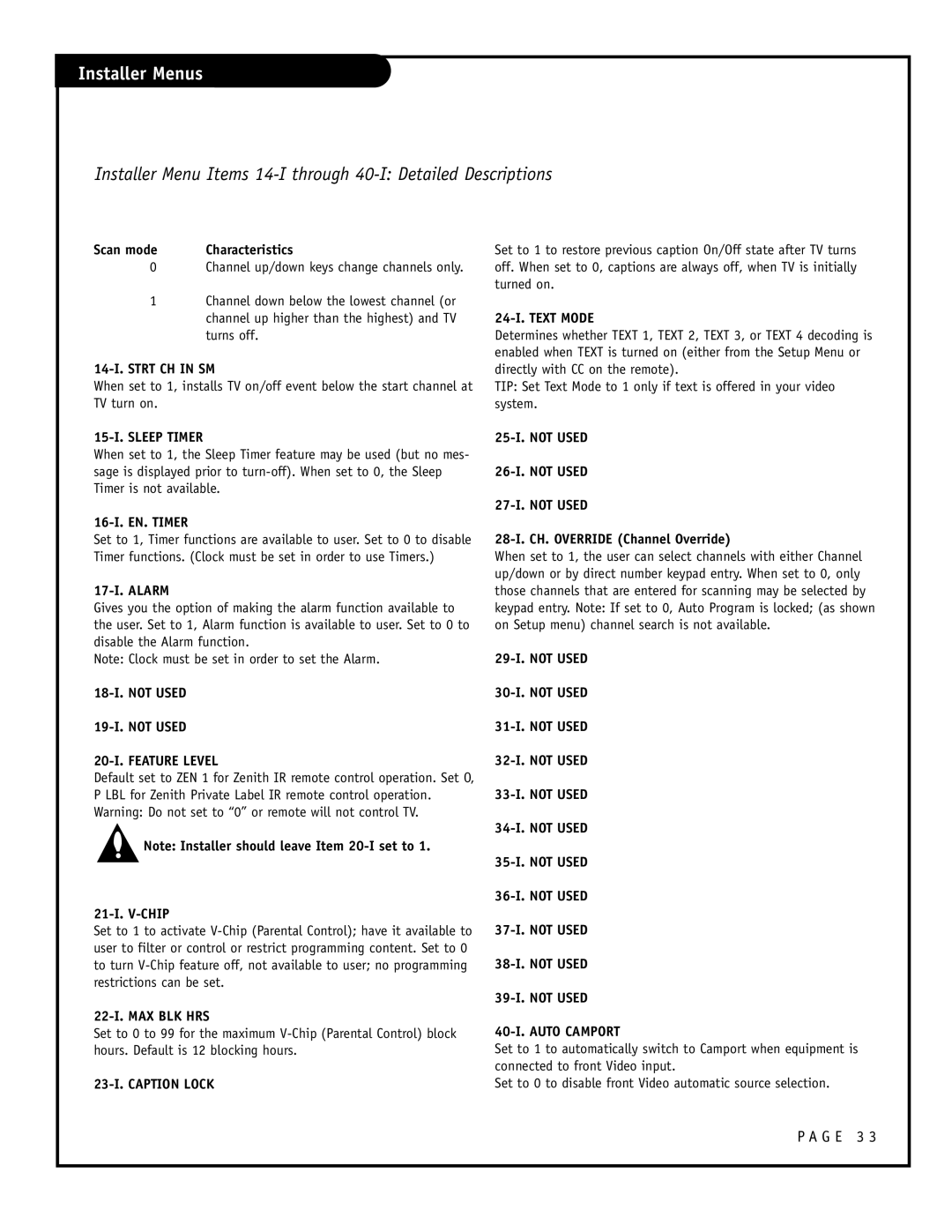 Zenith H27F39DT 14-I. Strt CH in SM, 15-I. Sleep Timer, 16-I. EN. Timer, 17-I. Alarm, 22-I. MAX BLK HRS, 24-I. Text Mode 