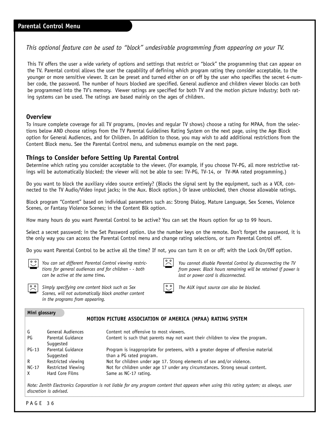 Zenith H27F39DT, H24F39DT, H25F39DT warranty Parental Control Menu 