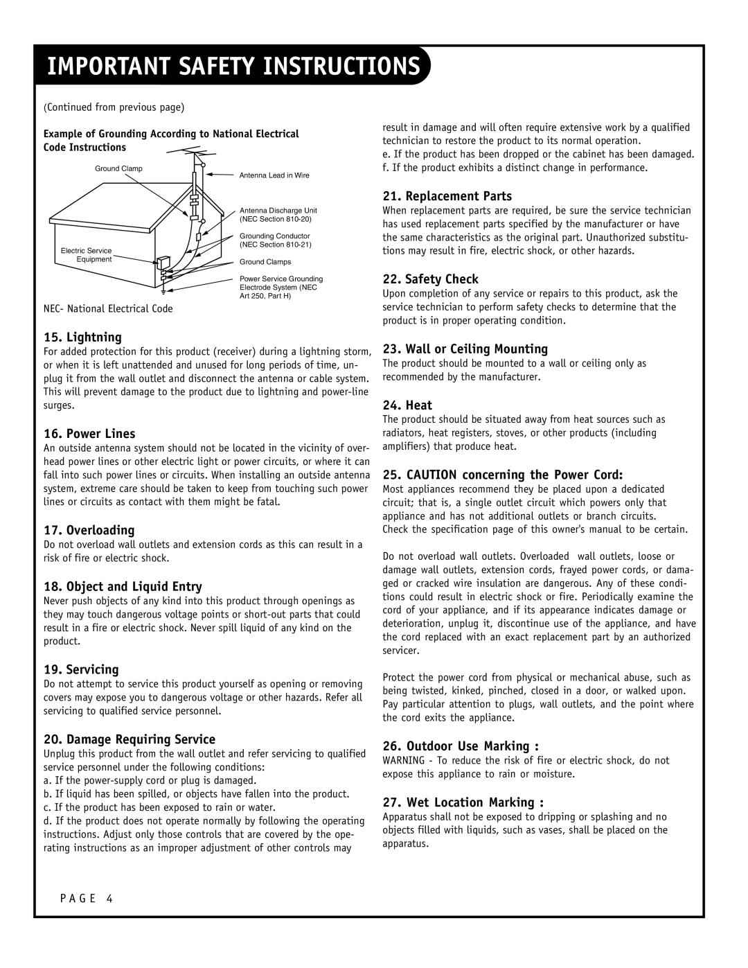 Zenith H24F39DT, H27F39DT, H25F39DT warranty G E, From previous, NEC- National Electrical Code 