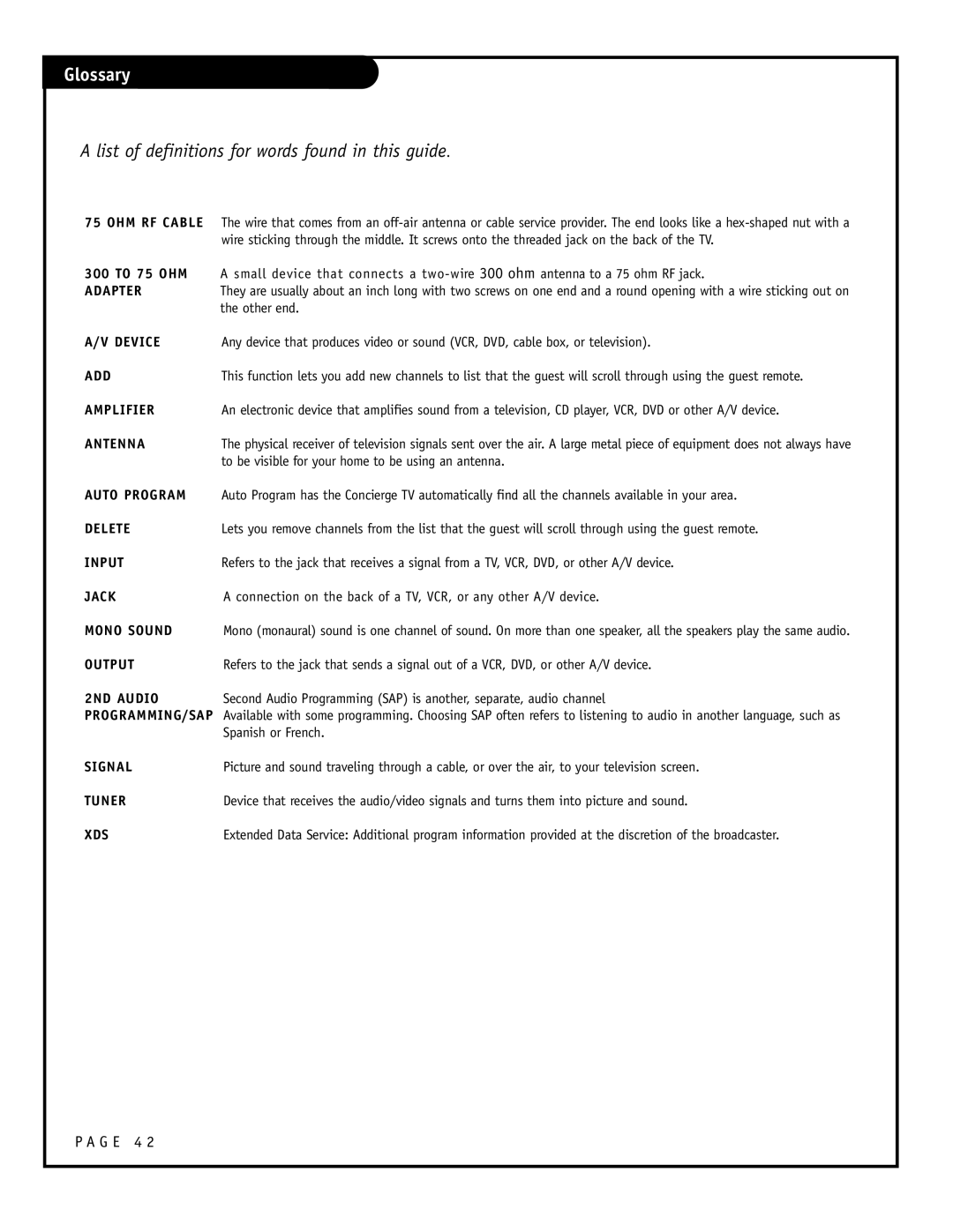 Zenith H27F39DT, H24F39DT, H25F39DT warranty Glossary, List of definitions for words found in this guide 