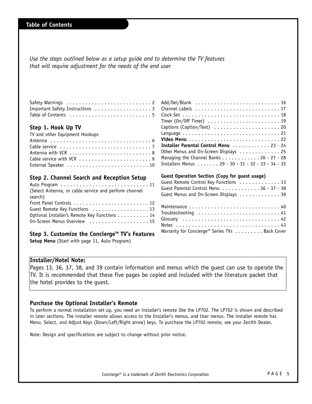 Zenith H25F39DT, H27F39DT, H24F39DT warranty Table of Contents 