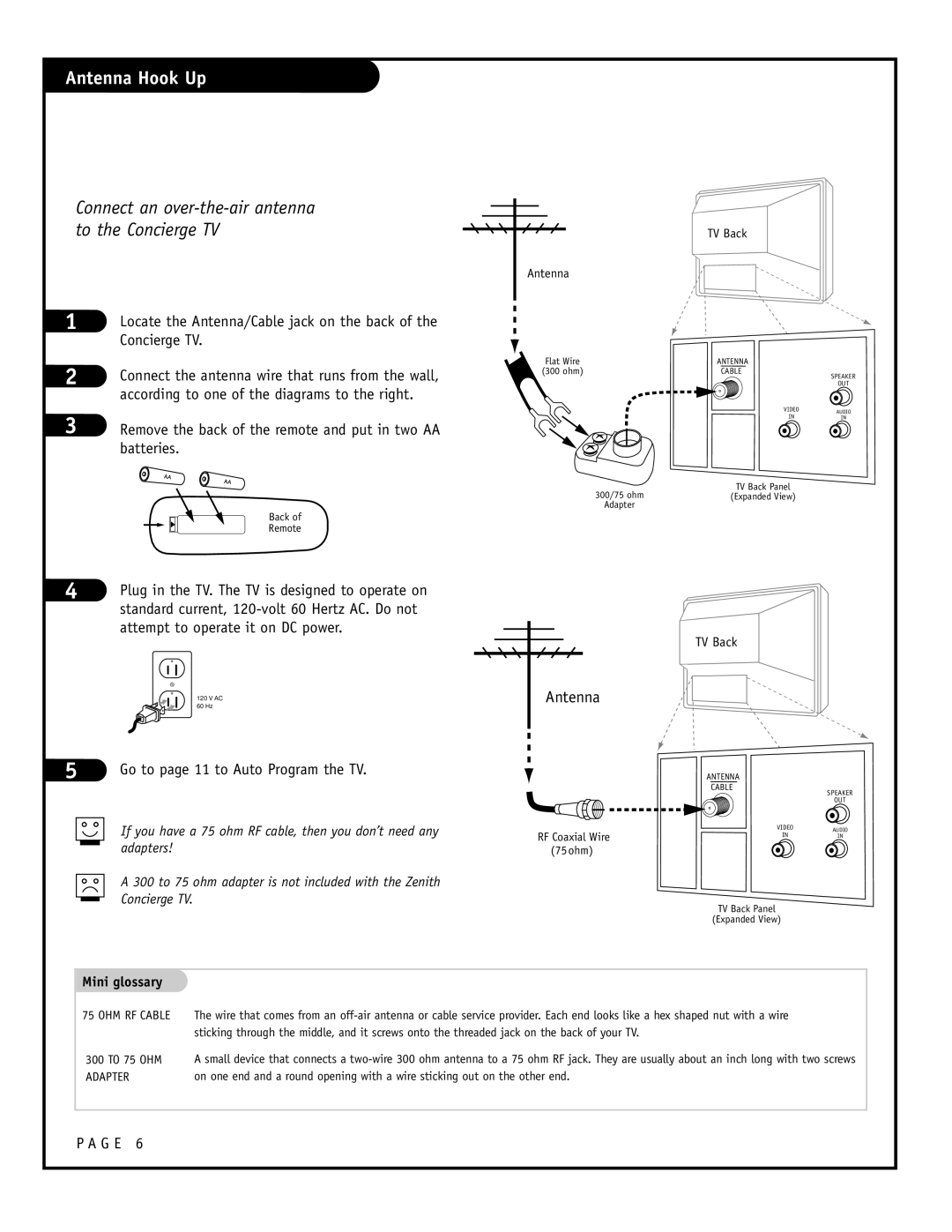 Zenith H27F39DT, H24F39DT, H25F39DT warranty Antenna Hook Up, Connect an over-the-air antenna to the Concierge TV, Batteries 