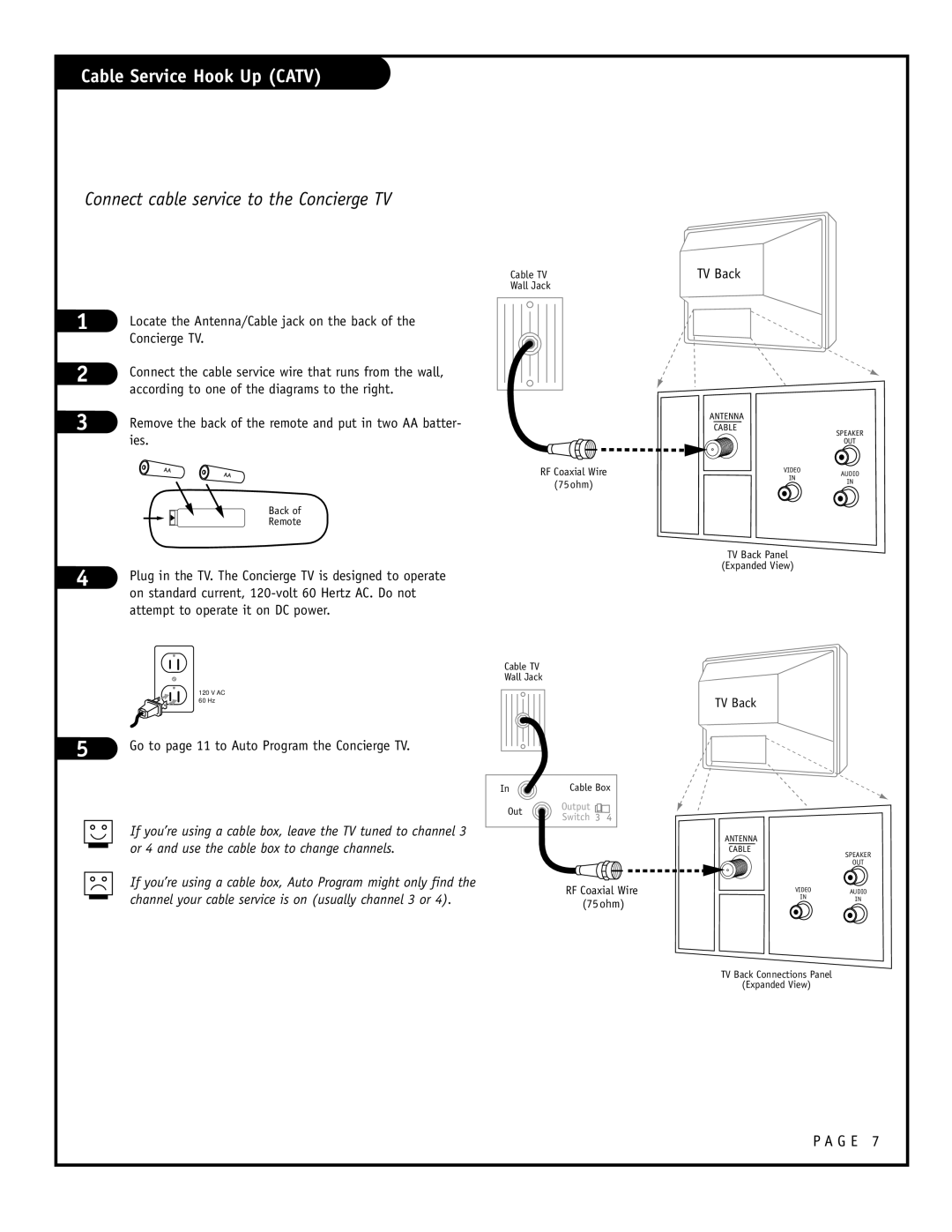 Zenith H24F39DT, H27F39DT, H25F39DT warranty Cable Service Hook Up Catv, Connect cable service to the Concierge TV 