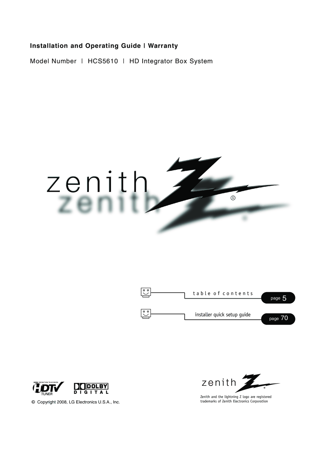 Zenith HCS5610 warranty Installation and Operating Guide Warranty, B l e o f c o n t e n t s Installer quick setup guide 