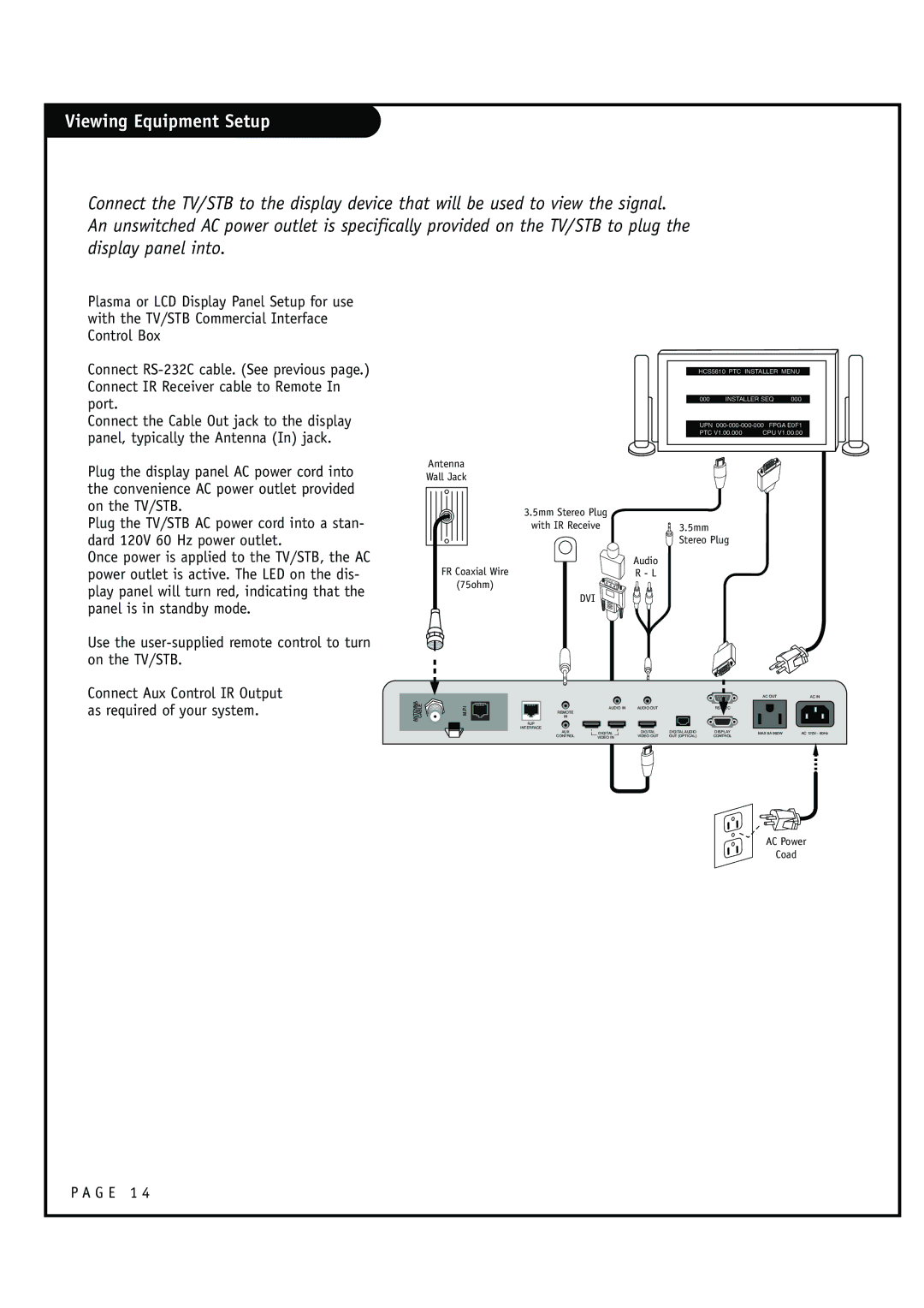 Zenith HCS5610 warranty Viewing Equipment Setup, Connect Aux Control IR Output as required of your system 