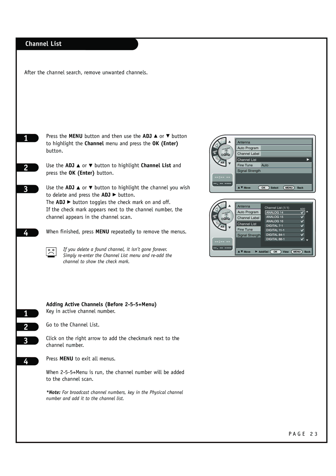 Zenith HCS5610 warranty Channel List 