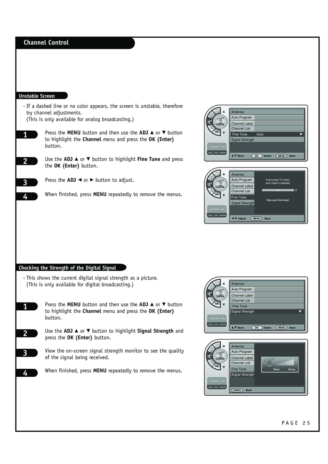 Zenith HCS5610 warranty OK Enter button, Press the ADJ F or G button to adjust, Signal being received 