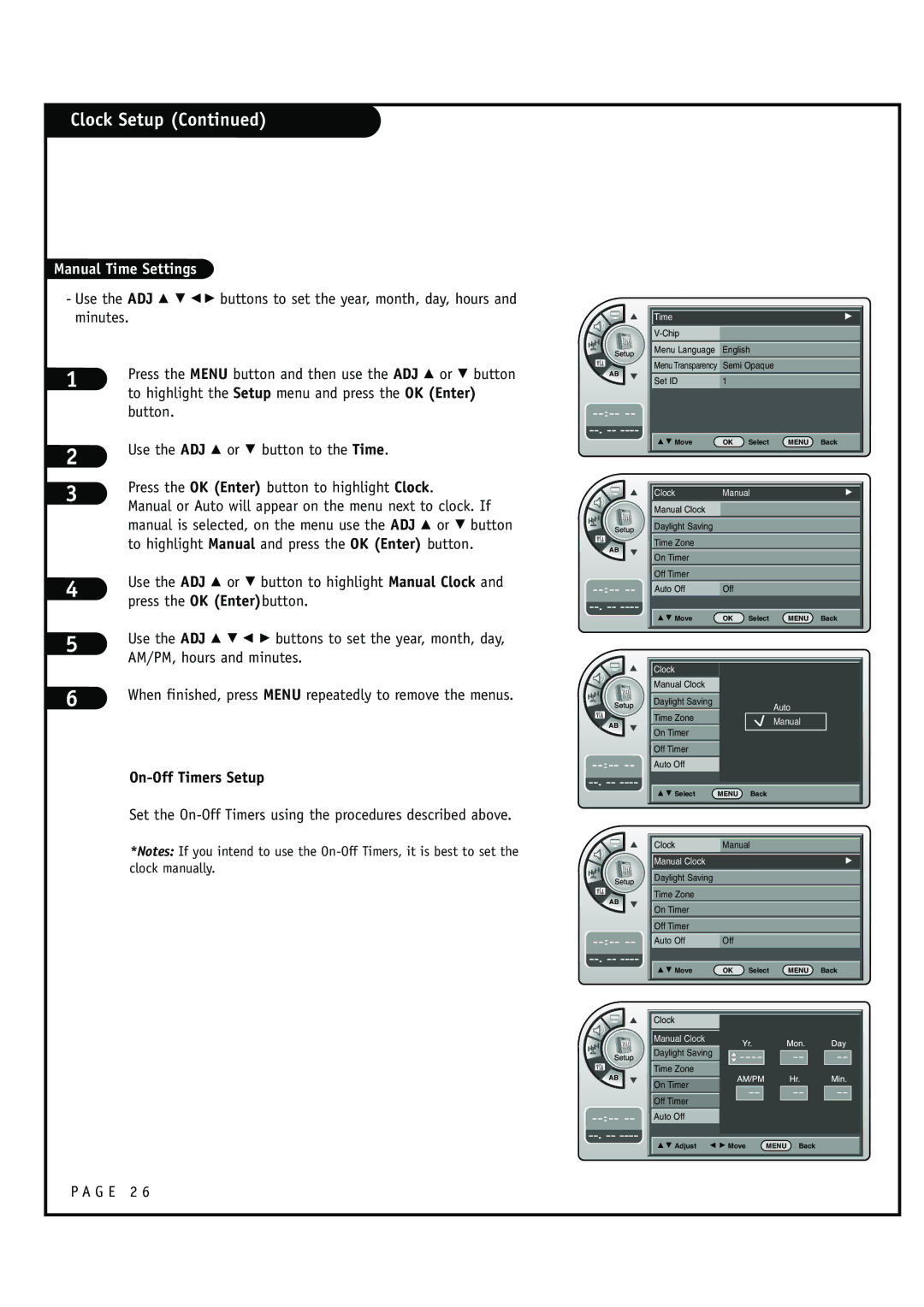 Zenith HCS5610 warranty Clock Setup, On-Off Timers Setup 