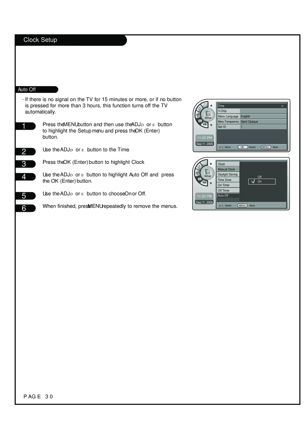 Zenith HCS5610 Use the ADJ D or E button to highlight Auto Off and press, Use the ADJ D or E button to choose On or Off 