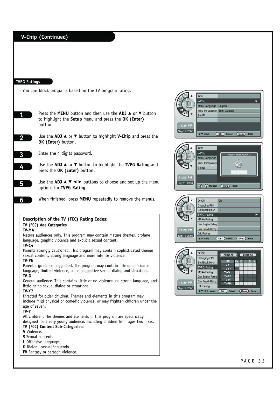 Zenith HCS5610 warranty Use the ADJ D E F G buttons to choose and set up the menu, Options for Tvpg Rating 