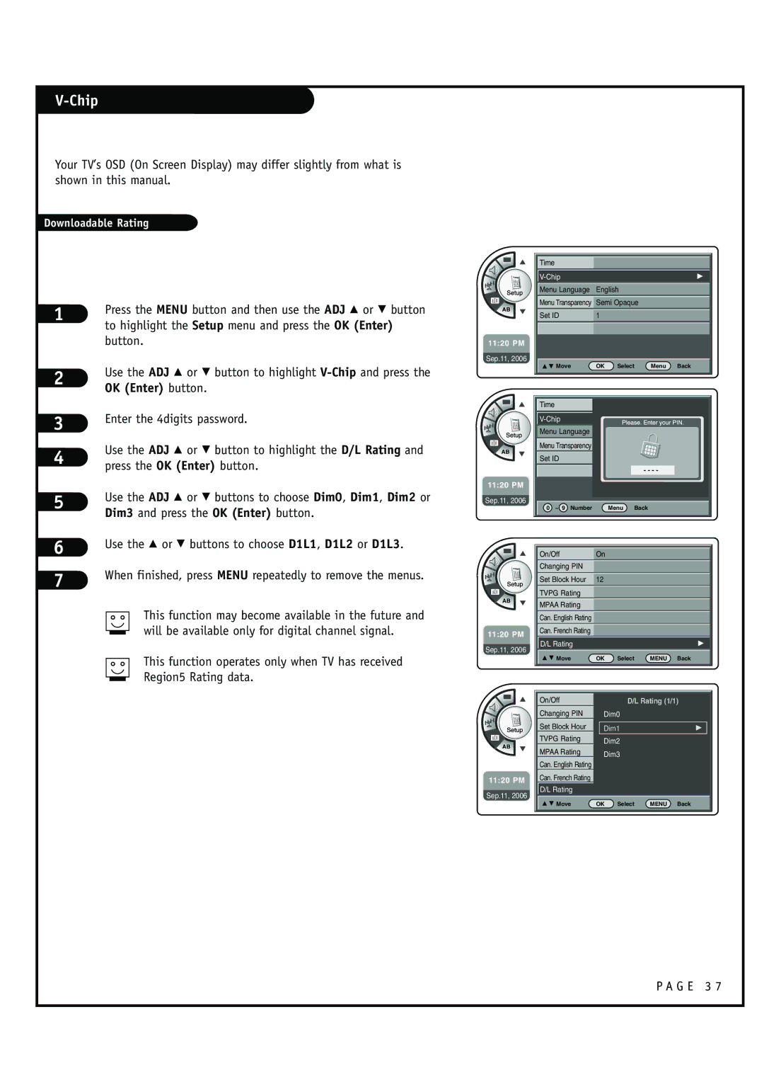 Zenith HCS5610 warranty Use the ADJ D or E button to highlight the D/L Rating, Dim3 and press the OK Enter button 