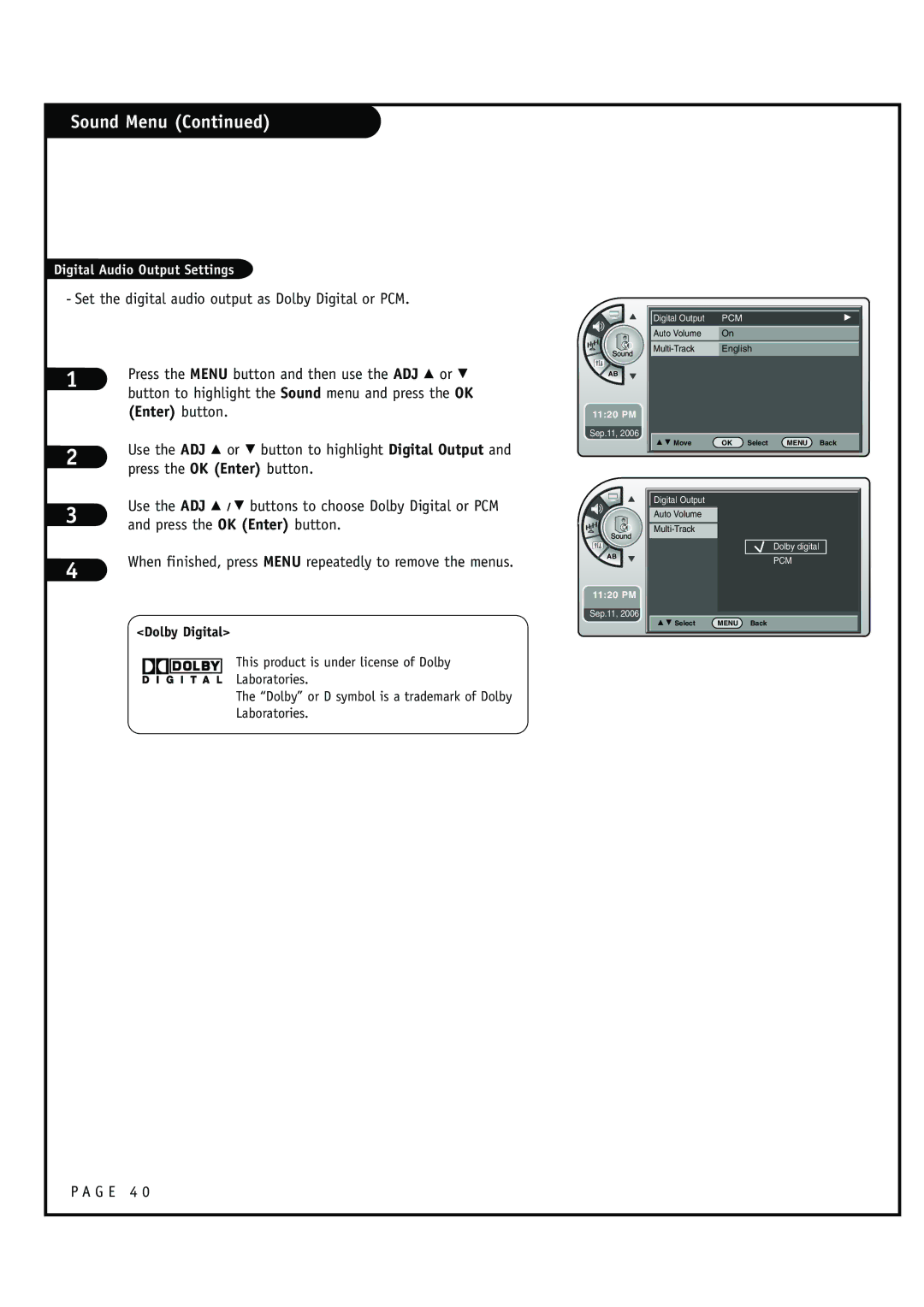 Zenith HCS5610 warranty Sound Menu, Use the ADJ D or E button to highlight Digital Output, G E 4, Dolby Digital 