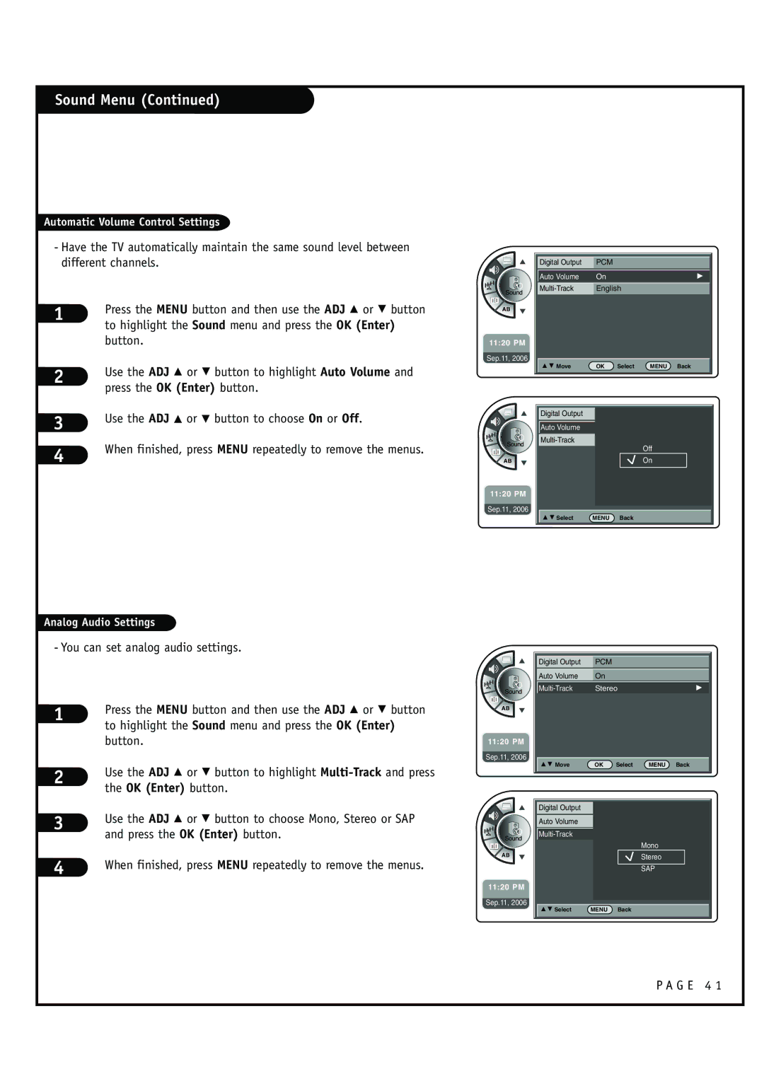 Zenith HCS5610 To highlight the Sound menu and press the OK Enter, Use the ADJ D or E button to highlight Auto Volume 