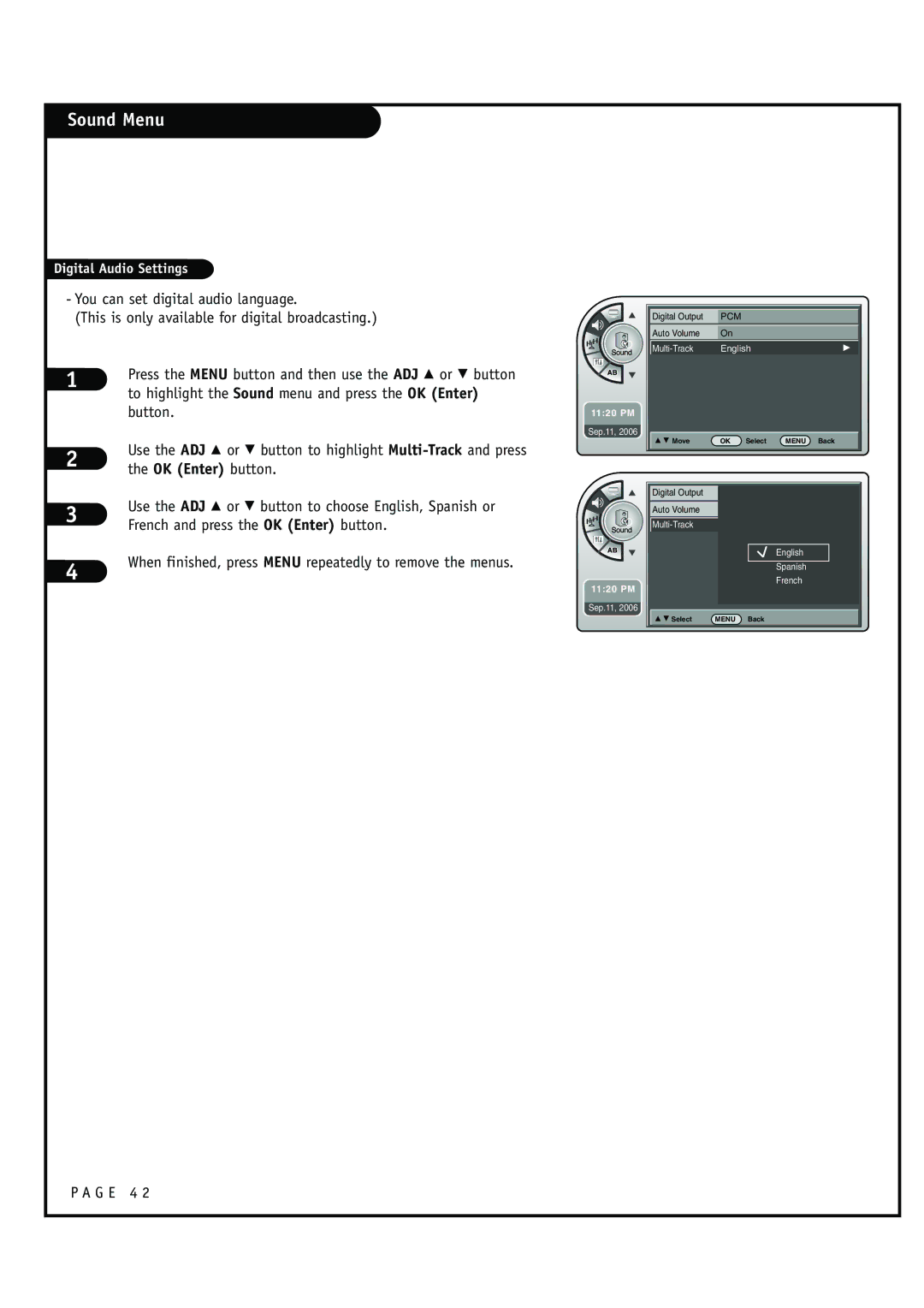 Zenith HCS5610 warranty Use the ADJ D or E button to choose English, Spanish or, French and press the OK Enter button 