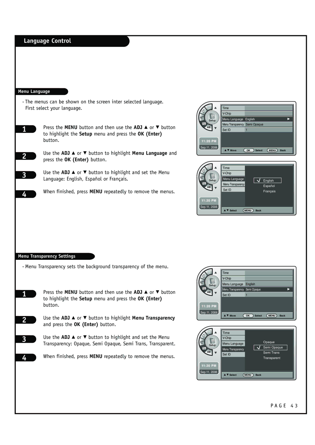 Zenith HCS5610 warranty Language Control, Use the ADJ D or E button to highlight and set the Menu 