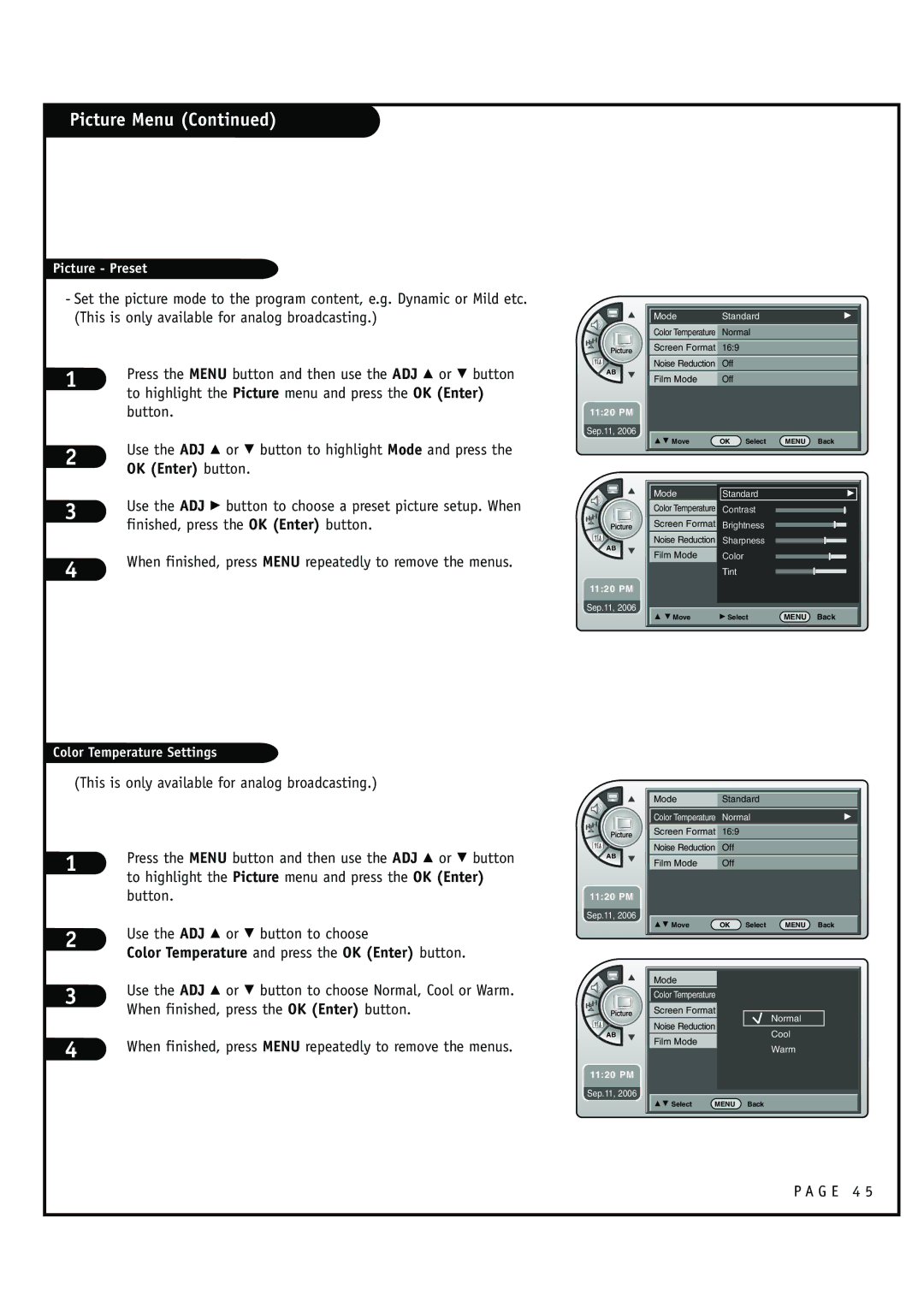 Zenith HCS5610 warranty Picture Menu, Color Temperature and press the OK Enter button 