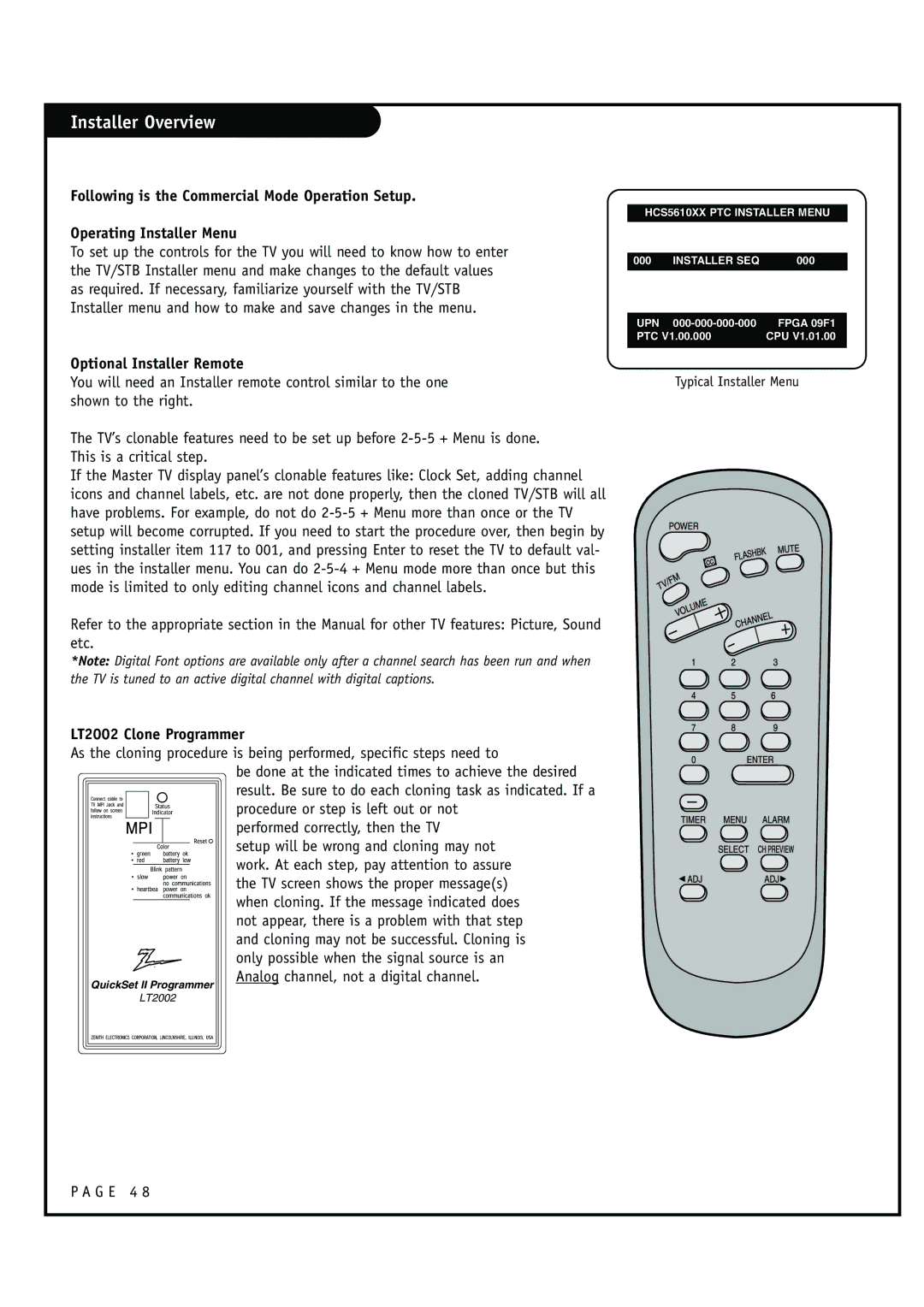 Zenith HCS5610 warranty Typical Installer Menu 