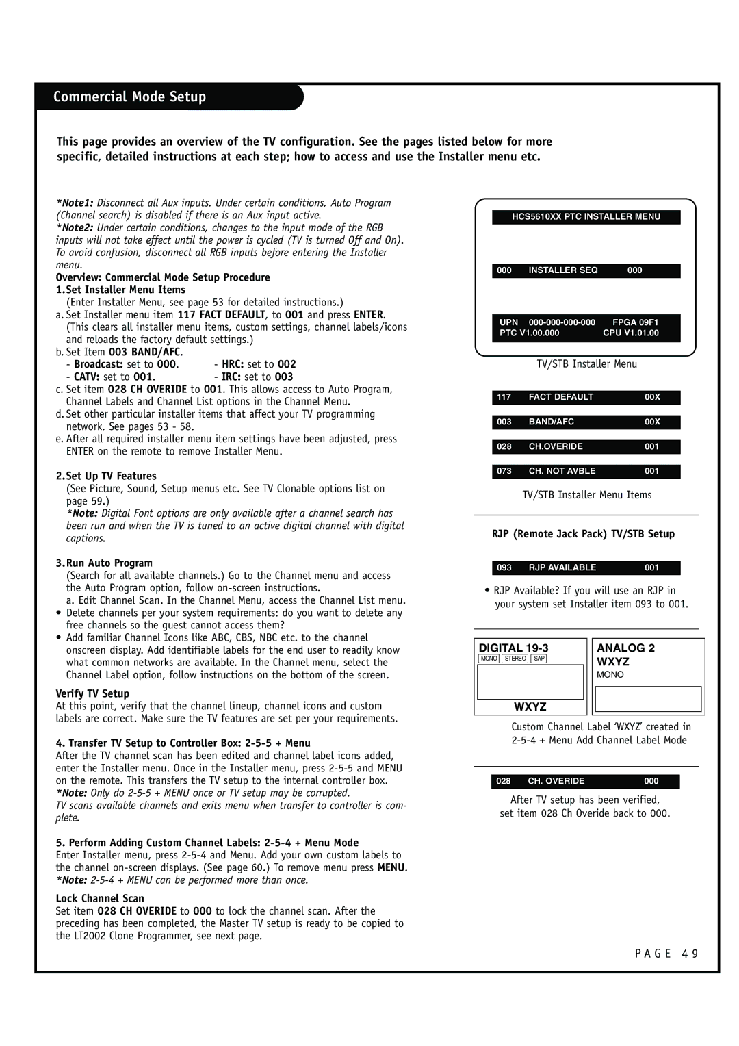 Zenith HCS5610 warranty Commercial Mode Setup 