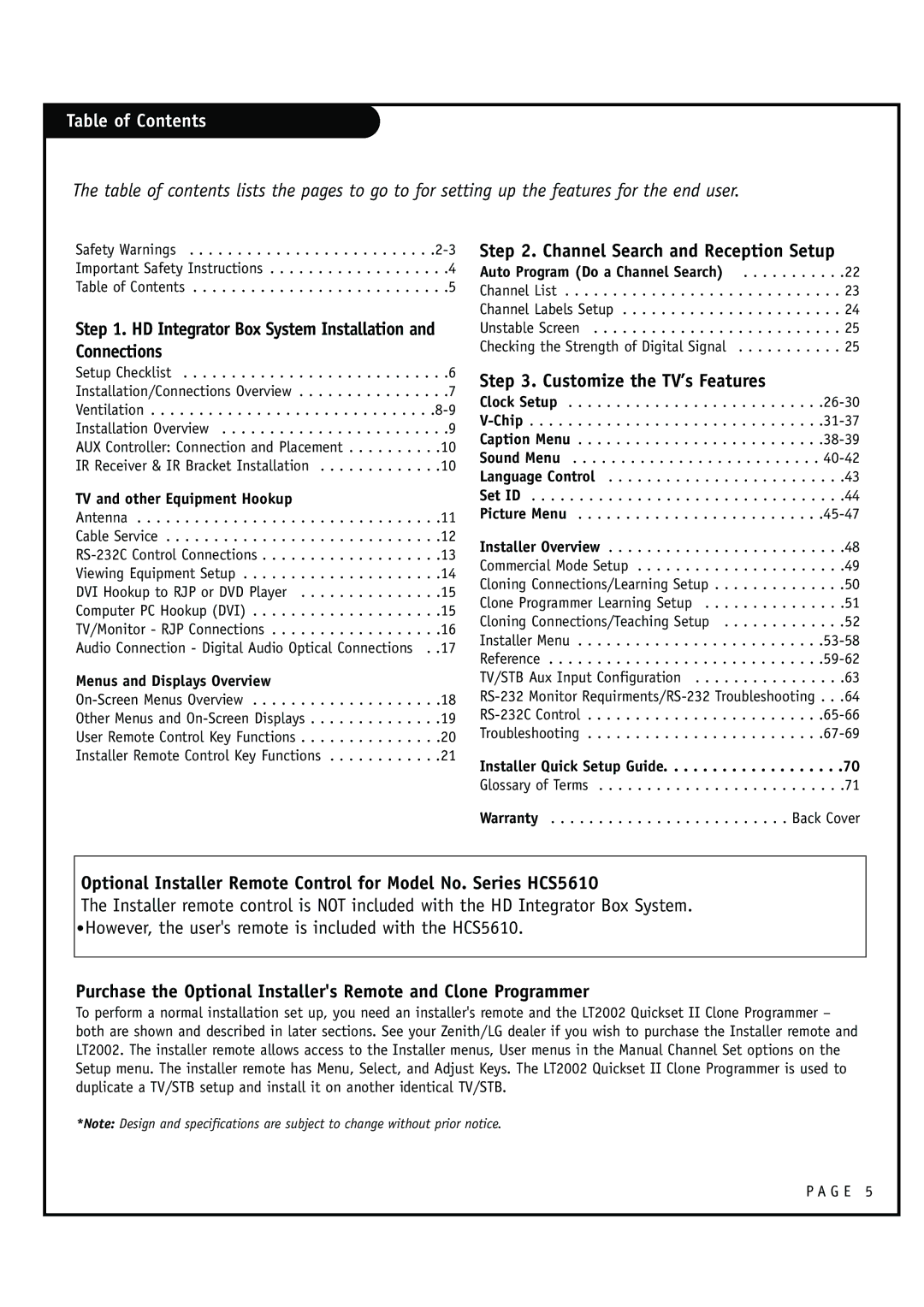 Zenith HCS5610 warranty Table of Contents 