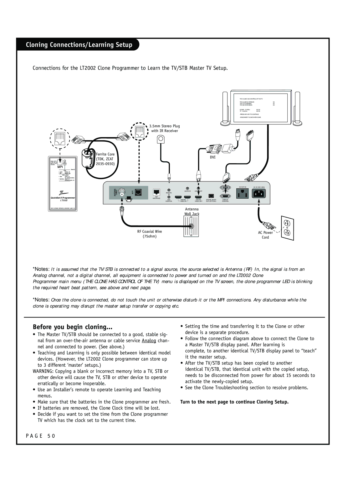 Zenith HCS5610 Cloning Connections/Learning Setup, G E 5, If batteries are removed, the Clone Clock time will be lost 