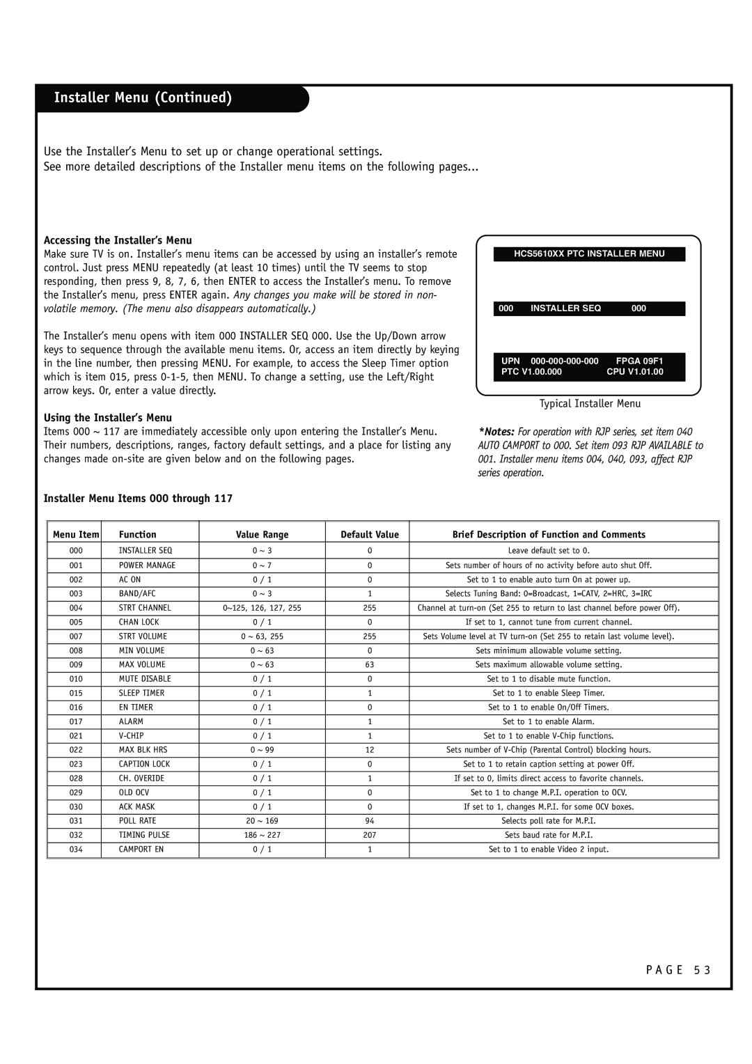 Zenith HCS5610 warranty Installer Menu, Accessing the Installer’s Menu, Using the Installer’s Menu 