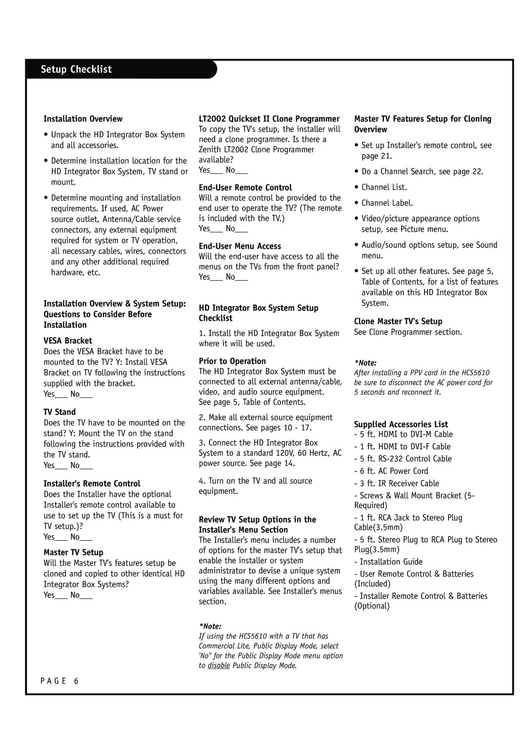 Zenith HCS5610 warranty Setup Checklist 