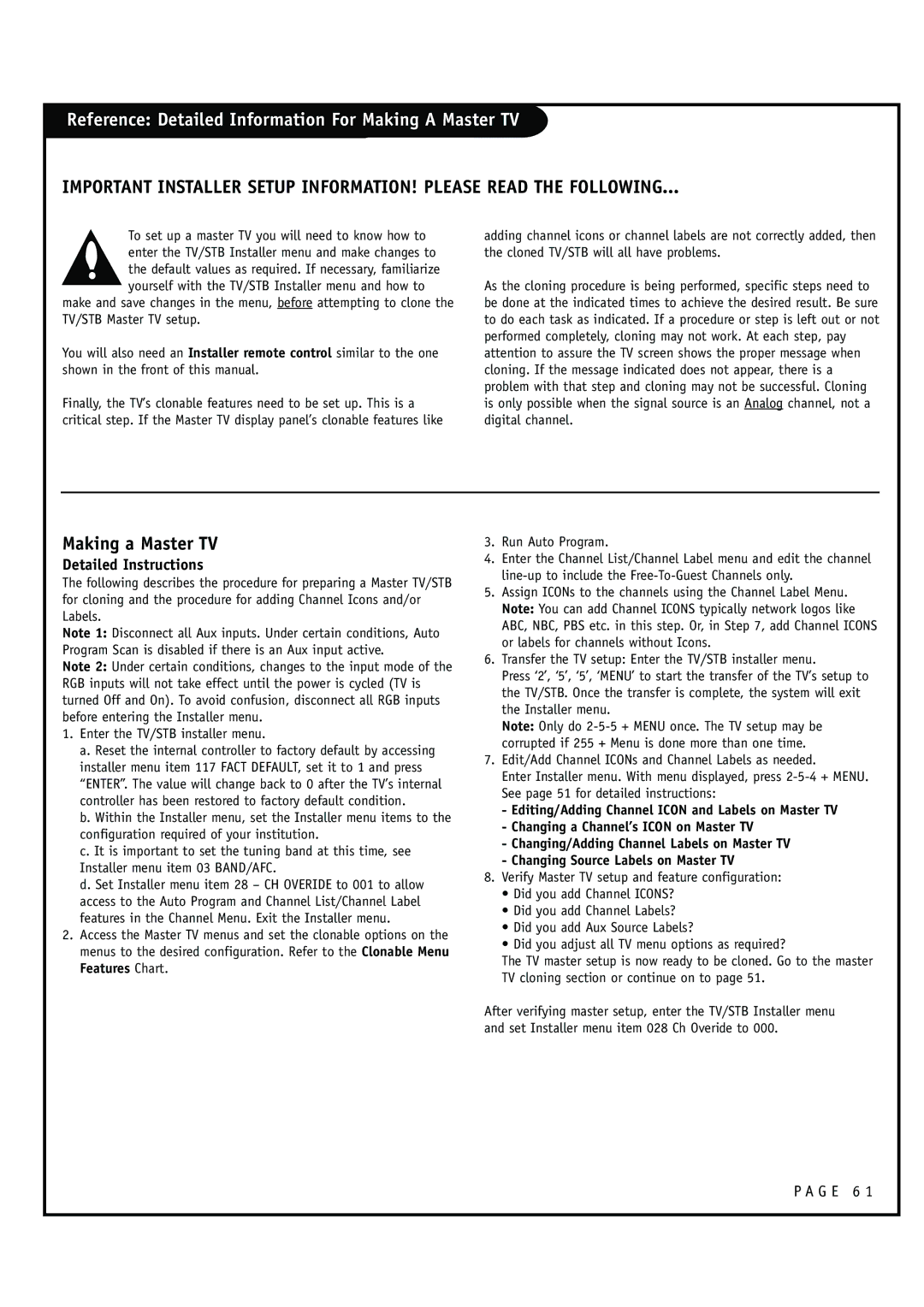 Zenith HCS5610 warranty Reference Detailed Information For Making a Master TV, Detailed Instructions 