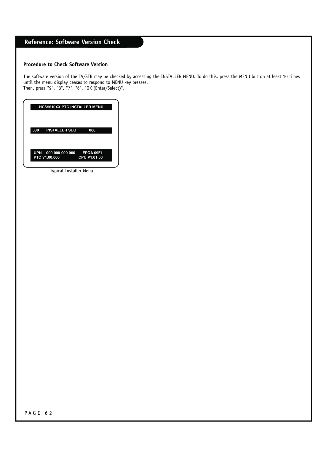 Zenith HCS5610 warranty Reference Software Version Check, Procedure to Check Software Version 