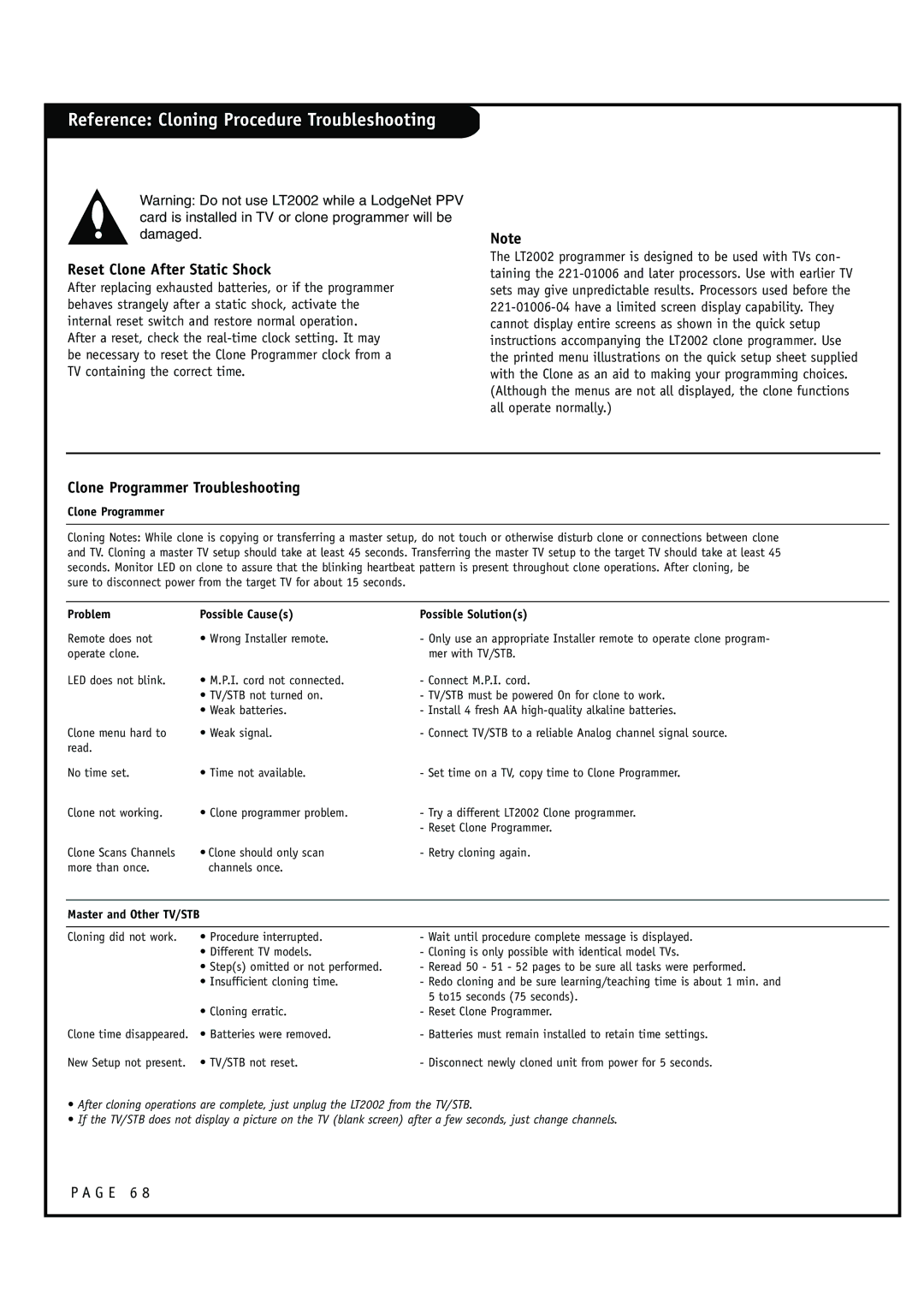 Zenith HCS5610 warranty Reference Cloning Procedure Troubleshooting, Reset Clone After Static Shock 