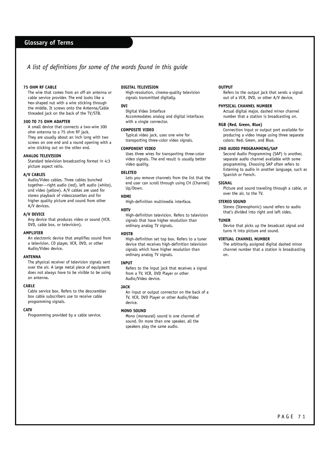 Zenith HCS5610 warranty Glossary of Terms, OHM RF Cable 