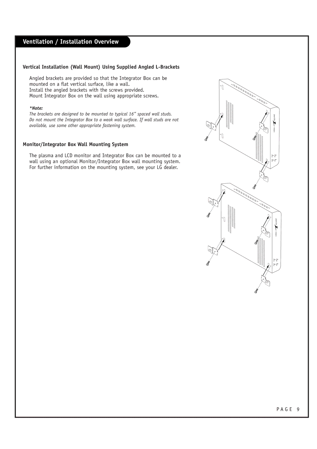 Zenith HCS5610 warranty Ventilation / Installation Overview, Monitor/Integrator Box Wall Mounting System 